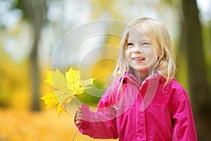 Cute little girl having fun on beautiful autumn day. Happy child playing in autumn park. Kid gathering yellow fall foliage.