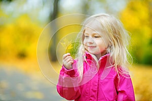 Cute little girl having fun on beautiful autumn day. Happy child playing in autumn park. Kid gathering yellow fall foliage.