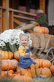 Cute little girl having fun with huge pumpkins on a pumpkin patch.