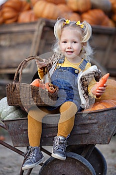 Cute little girl having fun with huge pumpkins on a pumpkin patch.