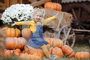 Cute little girl having fun with huge pumpkins on a pumpkin patch.
