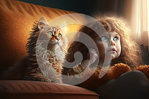 Cute Little Girl and her Cat watching a Movie. AI generated Illustration