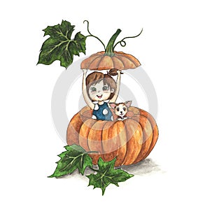 Cute little girl with her dog in a big pumpkin isolated on white background.