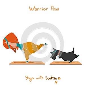 Cute little girl and her dog scottie doing yoga photo