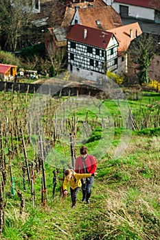 Cute little girl with her mother in vineyards, spring sunny day