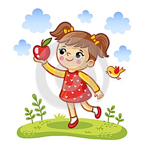 Cute little girl holding an apple in her hands. Vector illustration with a baby in cartoon style