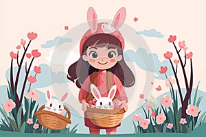 Cute little girl holding a basket with Easter eggs and rabbit outdoors. Cartoon illustration by generative Ai