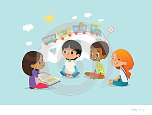 Cute little girl holding book and telling story to her friends sitting around on floor and imagining animals traveling