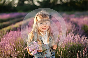 Cute little girl holding a bouquet of lavender.