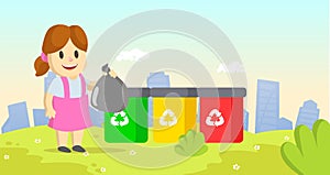 Cute little girl holding garbage plastic bag standing near containers with different types of recycling waste. Segregate