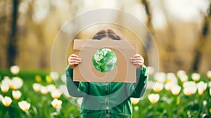 Cute little girl holding a paper with a picture of the planet earth in her hands, Generative AI illustrations