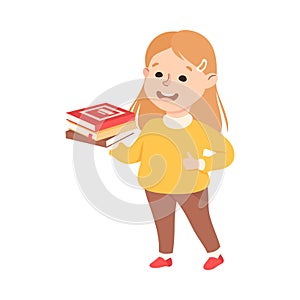 Cute Little Girl Holding Pile of Books, Preschool Girl Reading Books and Enjoying Literature, Kids Education Concept