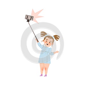 Cute little girl holding smartphone on selfie stick cartoon vector illustration