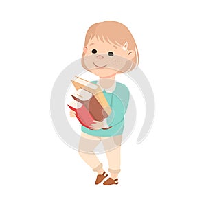 Cute Little Girl Holding Stack of Books, Preschool Girl Enjoying Literature, Kids Education Concept Cartoon Style Vector