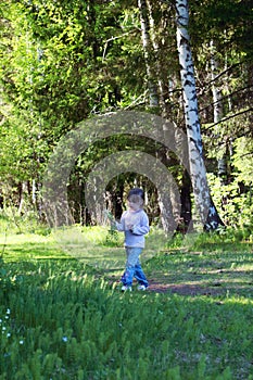 Cute little girl in jeans walking in woods