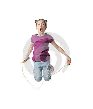 Cute little girl with jump rope on white