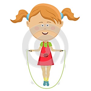 Cute little girl jumping with skipping rope isolated on white