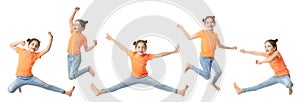 Cute little girl jumping on white background, collage. Banner design