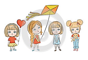 Cute little girl with kite and balloon heart. Vector cartoon illustration isolated on white. Collection of colorful kids