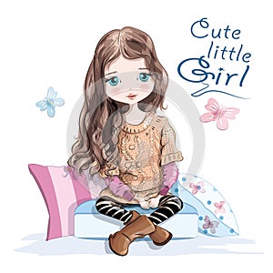 Cute little girl in knitted sweater and skirt sitting on soft pillows. Beautiful young girl with long hair. Hand drawn girl.