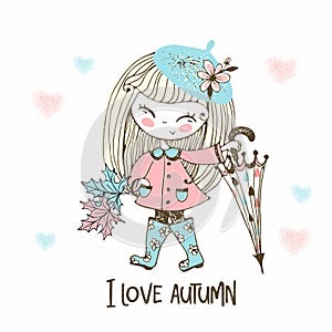 A cute little girl with a large umbrella in rubber boots walks in the rain in autumn. Vector