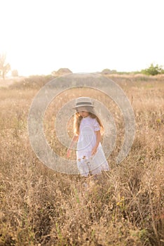 A cute little girl with long blond curly hair in a white summer dress and a straw boater hat in a field in the countryside