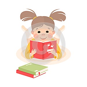 Cute Little Girl Lying on Floor and Reading Book, Preschool Girl Enjoying Literature, Kids Education Concept Cartoon