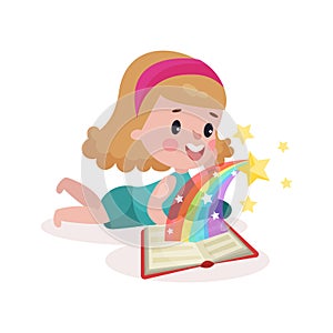 Cute little girl lying on her stomach and reading fairytale book with imagination rainbow colorful cartoon Illustration