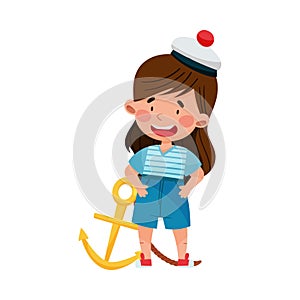 Cute Little Girl in Mariner Striped Vest and Peakless Hat Standing with Anchor Vector Illustration