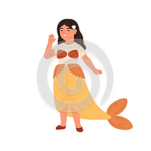 Cute little girl in mermaid costume vector flat illustration. Funny child winking and waving hand, playing at kids