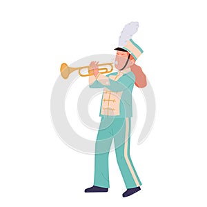 Cute little girl military orchestra musician cartoon character playing trumpet wind instrument