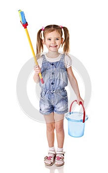 Cute little girl with mop and bucket is ready to clean isolated