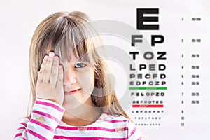 Cute little girl in ophthalmologist`s office. Eye examination