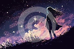 Cute little girl is outdoors, looking at the starry sky at night. Beautiful creative art. Generative AI