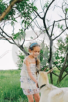 Cute little girl petting and feeding a goat. Child playing with a farm animal on sunny summer day