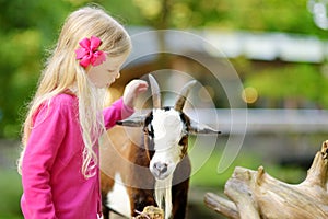 Cute little girl petting and feeding a goat at petting zoo. Child playing with a farm animal on sunny summer day.