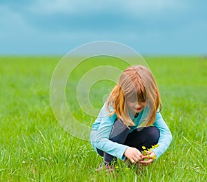 Cute little girl picking flowers on the meadow