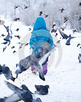 Cute little girl and pigeons