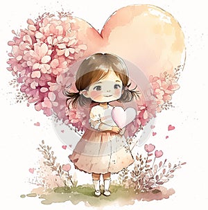 Cute little girl with pink flowers heart on the background. Watercolo digital painting. Celebration valentine card