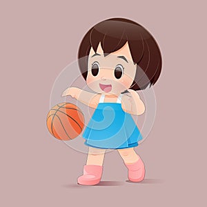 Cute little girl playing basketball in a pink background, A girl in a blue dress bouncing a basketball, Flat character