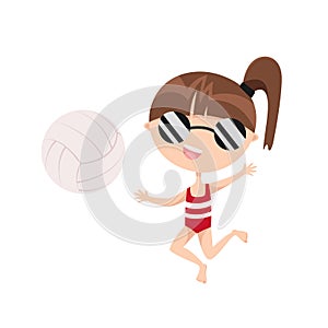 Cute little girl playing beach volleyball. Funny happy summer mascot character