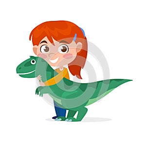 Cute little girl playing with a dinosaur plush toy isolated on white background