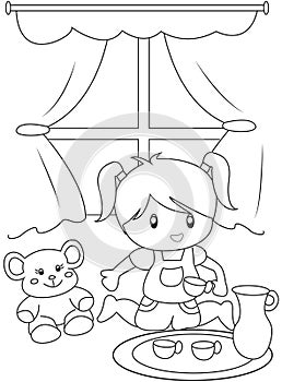 Cute little girl playing indoors coloring page