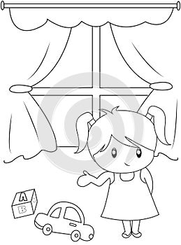 Cute little girl playing indoors coloring page
