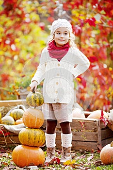 Cute little girl playing with pumpkins in autumn park. Autumn activities for children. Adorable  little girl builds a tower of