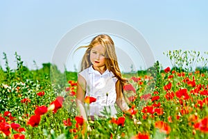 Cute little girl playing in red poppies field summer day, beauty