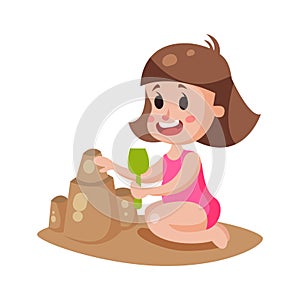 Cute little girl playing with sand on a beach, colorful character Illustration