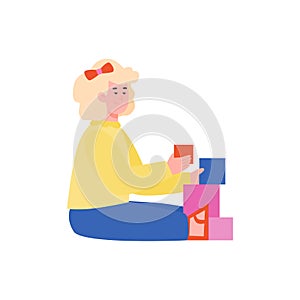 Cute little girl playing toy blocks cartoon flat vector illustration isolated.