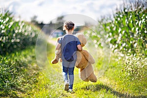 Cute little girl playing with two push toy teddies. Kid holding huge bear and small bear and walking in nature landscape