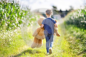 Cute little girl playing with two push toy teddies. Kid holding huge bear and small bear and walking in nature landscape